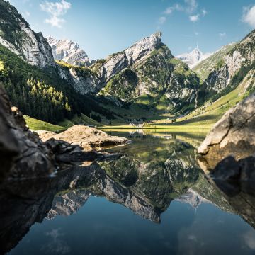 Seealpsee lake, Alps mountains, Reflections, Scenery, Summer, Mountain Peak, Landscape, Scenic, 5K, 8K