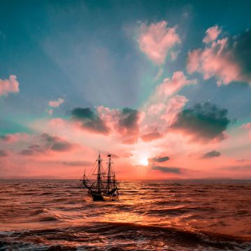 Sunset, Ocean, Boat, Seascape, Dusk, Sailing boat, Voyage, 5K, 8K