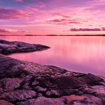 Sunset, Scenery, Lake, Rocks, Pink sky, 8K