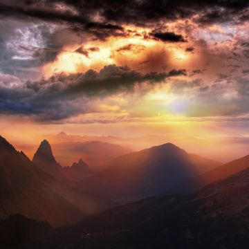 Mountain range, Sunset, Fog, Clouds, Landscape, 5K, 8K, Panorama