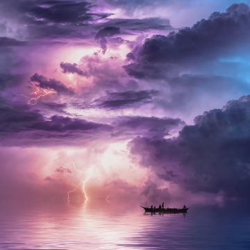 Surreal, Storm, Boat, Clouds, Thunderstorm, Ocean, 5K, 8K, Lightning