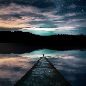 Alone, 5K, Sunset, Silhouette, Mountains, Lake, Reflections, Starry sky