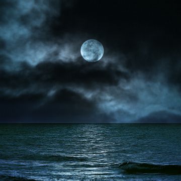 Moon, Seascape, Night, Clouds, Ocean, 5K, 8K