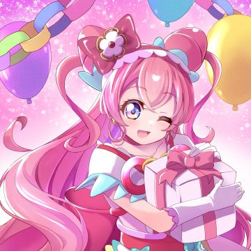 Yui Nagomi, Delicious Party Precure, Cure Precious, Pretty Cure, Anime girl, Pink background, 5K