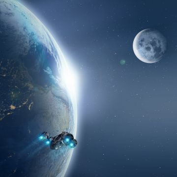 Spaceship, Earth, Moon, Planets, Stars, Blue, 5K