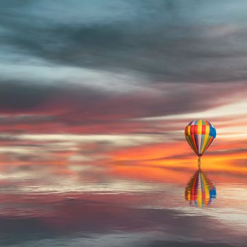 Hot air balloon, Reflection, Cloudy, Sunset, Lake, Scenic, 5K, Aesthetic