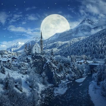 Winter, Moon, Frozen, Forest, Village, Snowfall, 5K