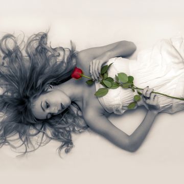 Sad girl, Lying down, Red Rose, Sad mood, Monochrome, 5K, Black and White