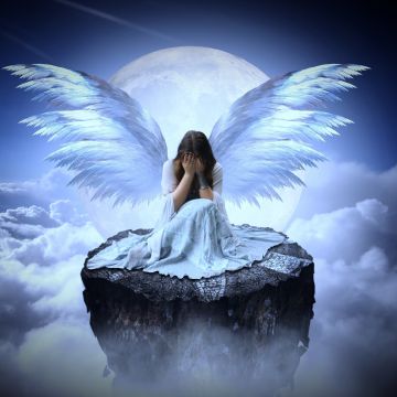 Sad girl, Fairy, Angel wings, Eyes closed, Moon, Clouds, Surreal, Above clouds, Sad woman