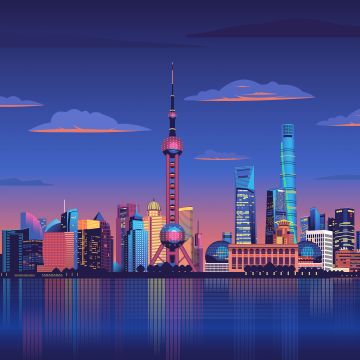 Shanghai City, Illustration, Shanghai Night, Cityscape, Panorama, Night City, Poster, 5K, Skyline