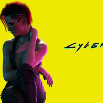 Cyberpunk, Yellow background, Cyberpunk girl, V (Cyberpunk), Neon text