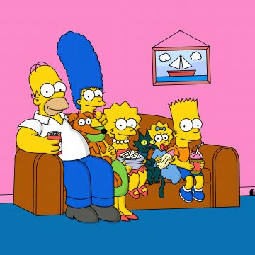 Simpson family, 5K, The Simpsons, Homer Simpson, Marge Simpson, Bart Simpson, Lisa Simpson, Maggie Simpson, Snowball cat, Santa's Little Helper, Pink background