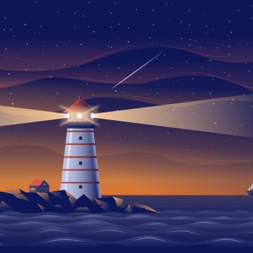 Lighthouse, Night, Ocean, Ship, Starry sky, Night sky, Moon, House, 5K, 8K, Illustration