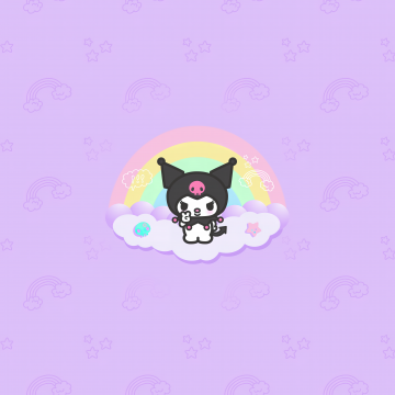 Kuromi, Hello Kitty, Black jester hat, Pink skull, White rabbit, Purple background, 5K, Cartoon, Girly backgrounds