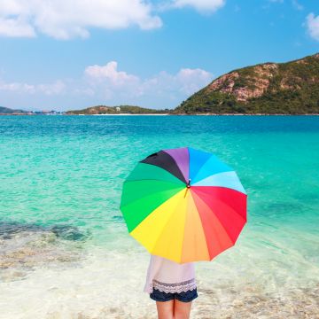 Beach, Girl, Umbrella, Sea, Fashion, Sunny day, 5K, Summer