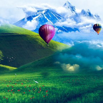 Hot air balloons, Scenery, Landscape, Greenery, Mountains