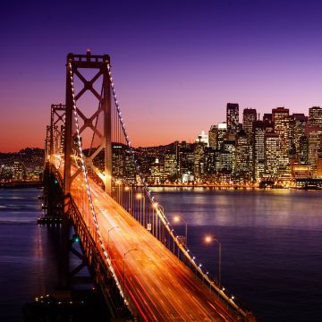 Golden Gate Bridge, 8K, Suspension bridge, San Francisco, California, Cityscape, Skyline, Night City, Twilight, 5K
