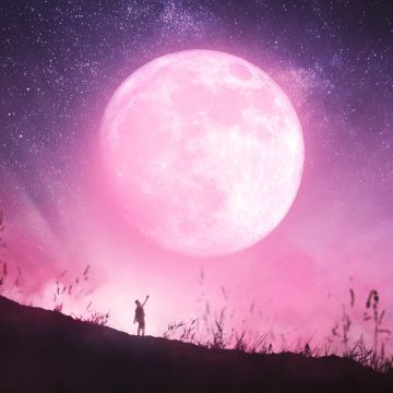 Moon, Dream, Surreal, Stars in sky, Pink background