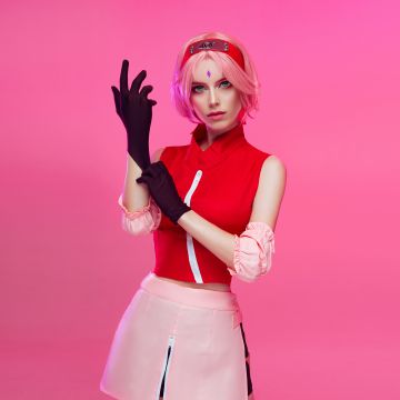 Sakura Haruno, Cosplay, Naruto Shippuden, Pink background