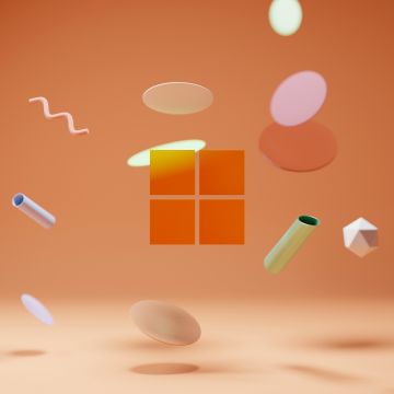 Windows 11, Orange background, Floating objects, Shapes, Windows logo