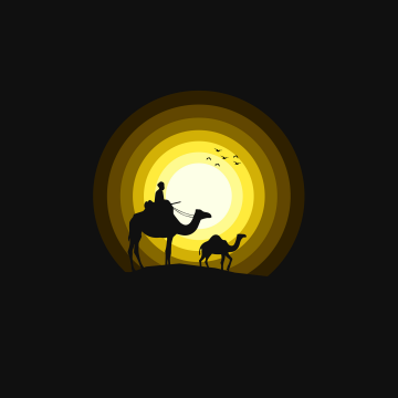 Camels, Sun, Silhouette, Yellow, Black background, Simple