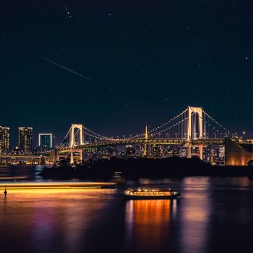 Rainbow Bridge, 5K, Tokyo, Cityscape, Night City, Reflections, Japan