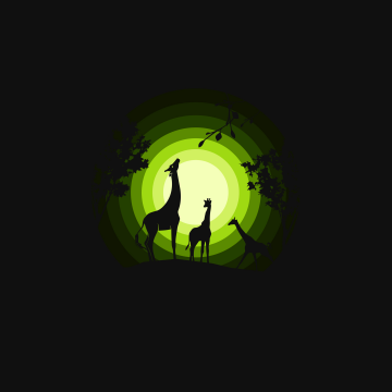 Giraffe, Giraffe cubs, Silhouette, Forest, Moon, Green, Black background, Simple