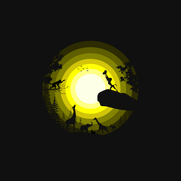 The Lion King, Rafiki, Simba, Forest, Pride Rock, Silhouette, Yellow, Black background, Simple