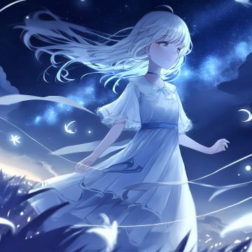 Anime girl, Night, Surreal, Blue background, Starry sky, 5K