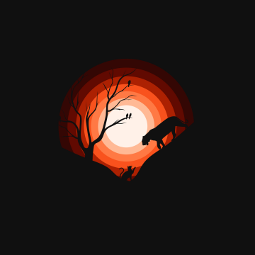 Jaguar, Cat, Sun, Silhouette, Black background, Orange, Simple