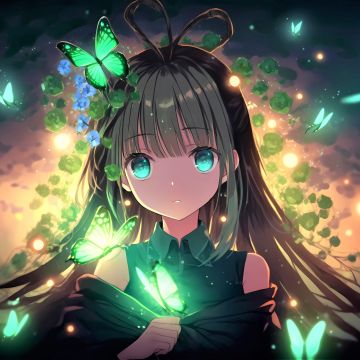 Anime girl, Green eyes, Girly backgrounds, Surreal, Fairy, Butterflies, 5K, Beautiful