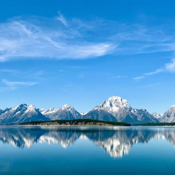 Grand Teton National Park, Mountains, Lake, Clear sky, Sky blue, Reflections, Wyoming