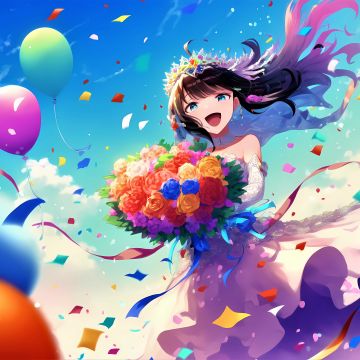 Bride anime, Happy girl, Cute anime, Anime girl, Colorful anime, Flower bouquet, Colorful flowers, 5K, Girly backgrounds, Colorful background