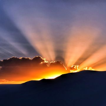 Sunset, Hills, Sun rays, Clouds, 5K