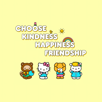 Happiness, Friends, Friendship, Cute hello kitties, Hello kitty quotes, Yellow background, Sanrio