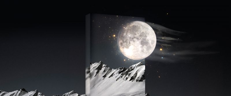 Moon, Cold night, Snow mountains, Magical, Surreal
