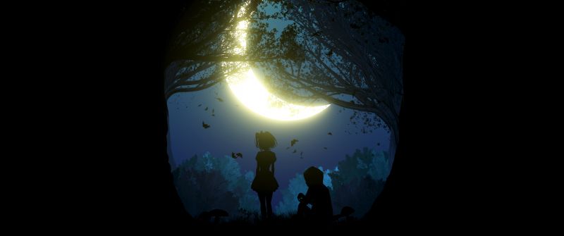Girl, 5K, Boy, Couple, Silhouette, Night, Forest, Crescent Moon, Black background, Simple