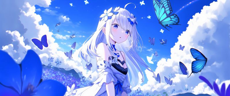 Teen, Anime girl, Dream, Butterflies, Blue background, Blue Sky, 5K
