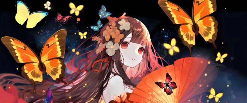 Anime girl, Butterflies, Surreal, Colorful background, 5K