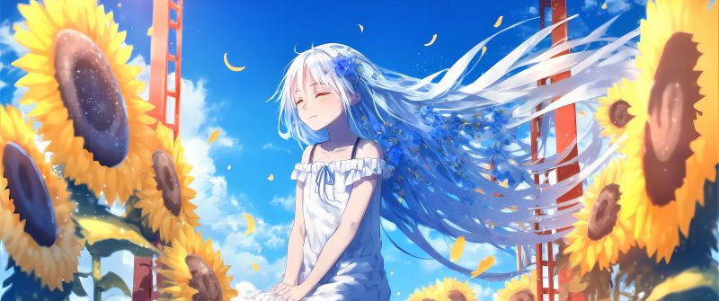 Happy girl, Sunflowers, Anime girl, Sunny day, 5K