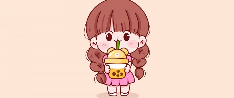 Cute kid, Cute Girl, Kawaii girl, Cartoon, Bubble tea, 5K, 8K