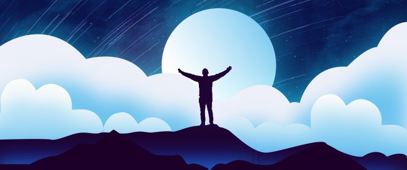 Man, Alone, Silhouette, Moon, Night, Clouds, Illustration, Starry sky, 5K