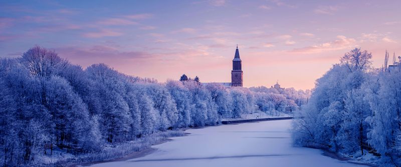 Turku Cathedral, Aura River, Turku, Finland, Frozen river, Winter, Snow covered, Cold, 5K, 8K