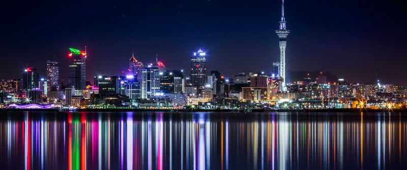 Auckland, Cityscape, Night, City lights, Reflection, Urban, New Zealand