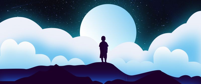Boy, Silhouette, Kid, Alone, Moon, Night, Clouds, Illustration, Starry sky, 5K