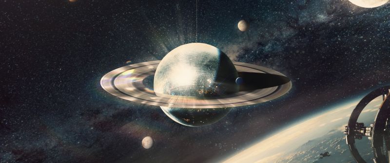 Saturn, Solar system, Moon, Surreal, 5K, Planets