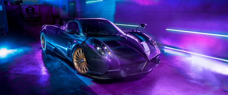 Pagani Huayra Roadster, Sports cars, Neon background, 5K, Purple aesthetic, Purple background
