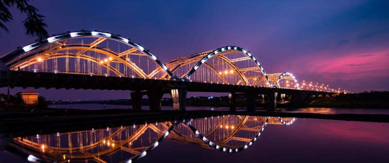 Dragon Bridge, City lights, Night, Reflection, Arch bridge, Hàn River, Vietnam, 5K