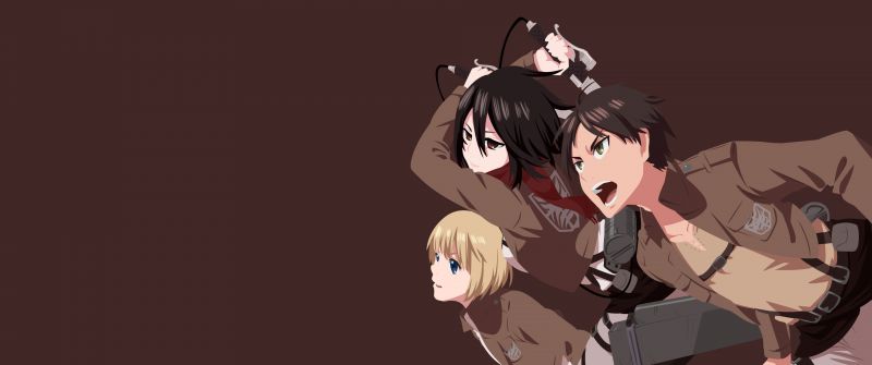 Attack on Titan, Armin Arlert, Eren Yeager, Mikasa Ackerman, Shingeki no Kyojin, Brown background