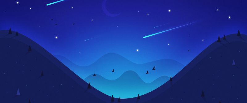 Landscape, Night, Moon, Falling stars, Mountains, Blue, Illustration, Aesthetic, Shooting stars